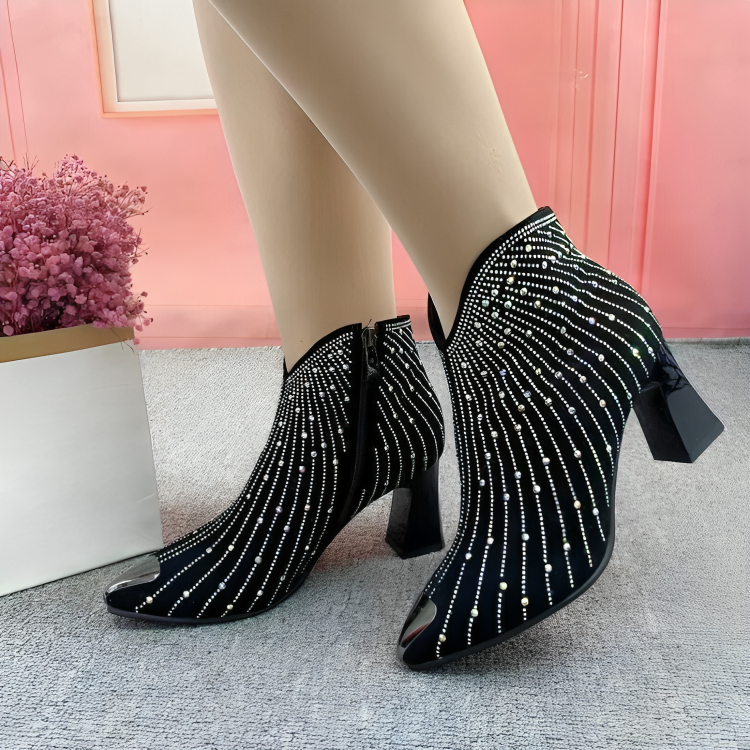 Stylish rhinestone ankle boots, black, zip, pointed - Bentley Maxwell