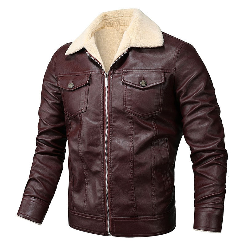 Fleece Collar Warm Biker Leather Jacket - Bentley Maxwell