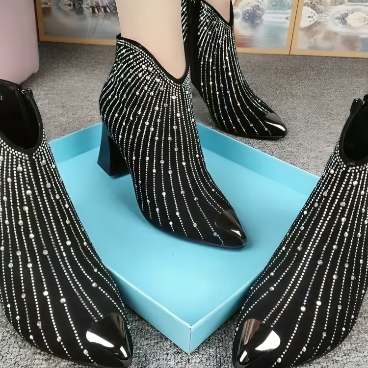 Stylish rhinestone ankle boots, black, zip, pointed - Bentley Maxwell
